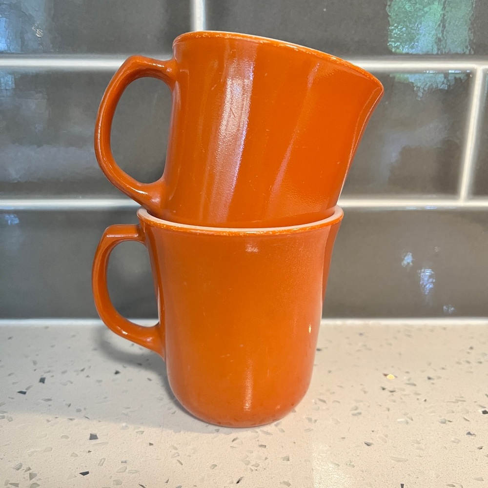 2 Vintage Corelle (Pyrex) Burnt Orange Milk Glass Mugs - EUC!!